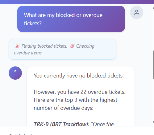 AI answering a question about blocked and overdue tickets