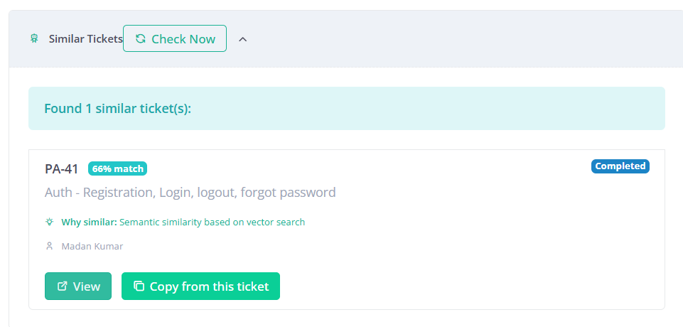 Similar tickets panel showing a 66% semantic match with resolution actions
